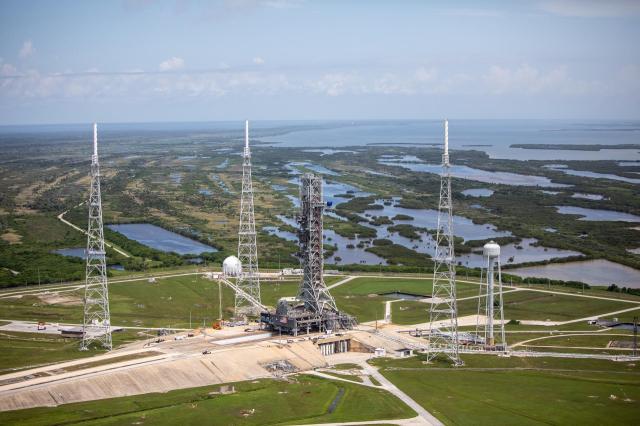 An aerial view of Launch Complex 39B with the mobile launcher for the Artemis I mission on the pad.