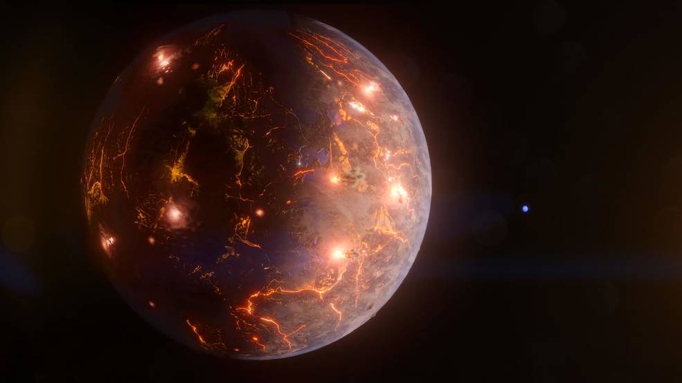 A planet covered with volcanic outbursts and spots of water takes up most of the left-hand foreground. In the distance, against the black background, is a faint blue planet. 