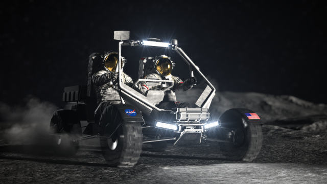 Artist rendering of a Lunar Terrain Vehicle on the surface of the Moon carrying two astronauts.