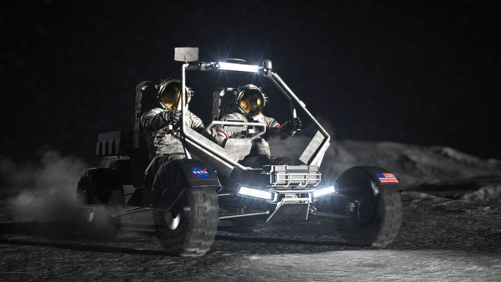 Artist's concept of NASA's next-generation Lunar Terrain Vehicle on the surface of the Moon.