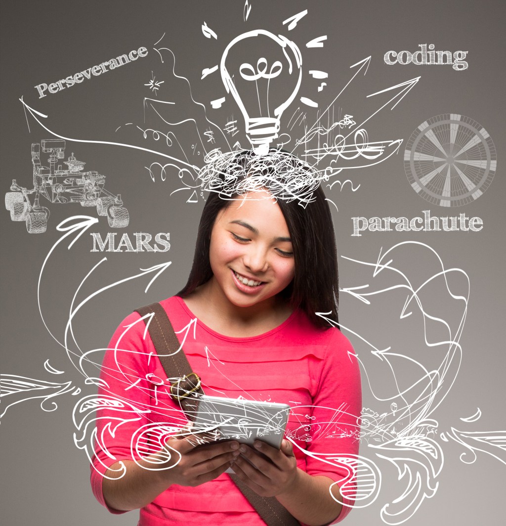 Mars Perseverance Parachute Coding cover, has an female teenager looking at an ipad with white scribbles of Mars Perseverance.