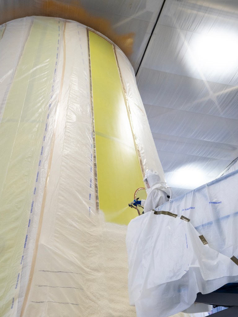 Technicians at NASA’s Marshall Space Flight Center in Huntsville, Alabama, have completed applying thermal protection system material to the launch vehicle stage adapter (LVSA) of NASA’s SLS (Space Launch System) rocket for Artemis III, which will land astronauts on the Moon to advance long-term lunar exploration and scientific discovery and inspire the Artemis Generation. The LVSA is a cone-shaped element connecting the mega rocket’s core stage to its interim cryogenic propulsion stage (ICPS), partially enclosing it and protecting its avionics and electrical systems from the extreme pressures, sounds, and temperatures during launch and flight.