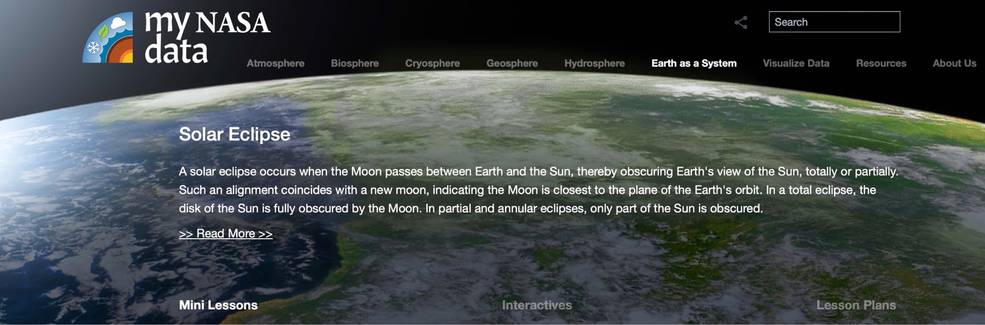 The My NASA Data website, feature Solar Eclipse materials against a backdrop of an image of Earth.