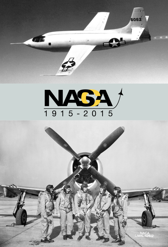 NACA / NASA Timeline black and white cover image of the Bell-1 in flight on top and on the bottom a black and white image of pilots standing in front of an airplane's propeller.