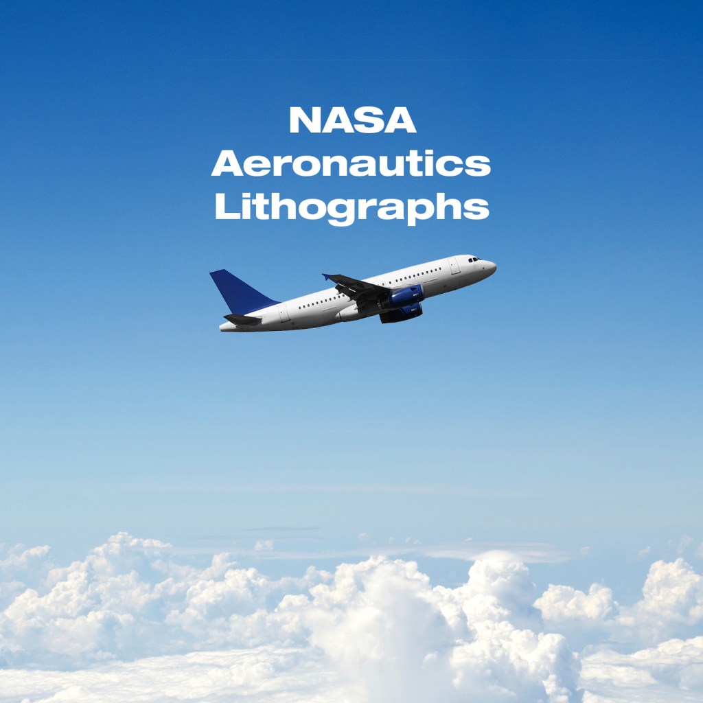 NASA Aeronautics Lithographs graphic, showing an airplane flying above the clouds.