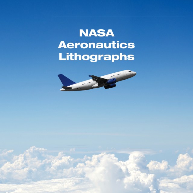 NASA Aeronautics Lithographs graphic, showing an airplane flying above the clouds.