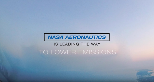NASA Aeronautics is leading the way to lower emissions. Text is written on a sky background image.