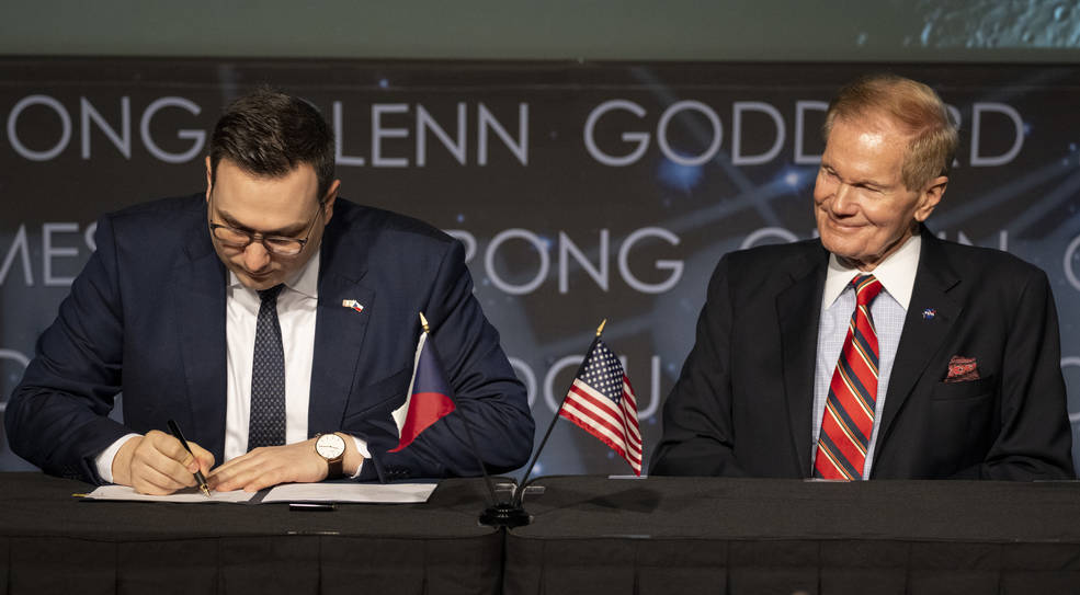 Foreign Affairs Minister for the Czech Republic, Jan Lipavský, left, signs the Artemis Accords, as NASA Administrator Bill Nelson looks on, Wednesday, May 3, 2023, at The Mary W. Jackson NASA Headquarters building in Washington DC.