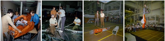 Left: Dale Gentry, left, and James H. Barnett, right, assist seamstresses Elizabeth Gauldin and Alyene Baker in the fabrication of the parasol sunshade. Middle left: Technicians in the Technical Services Division of NASA’s Johnson Space Center (JSC) in Houston assemble the parasol sunshade. Middle right: JSC Director Christopher C. Kraft, left, receives a briefing on the parasol sunshade. Right: Demonstration of the deployment of the parasol sunshade.