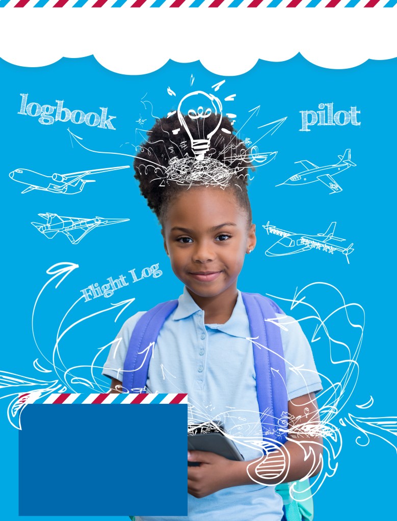 A young school student holding a tablet with scribbles and drawings and text (X-Plane, research, innovation) floating around her.