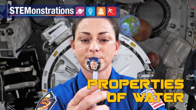 NASA astronaut Nicole Mann demonstrates the properties of water that distinguish it from other liquids
