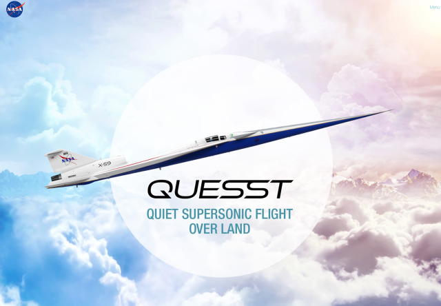 A blue and pink background of clouds with a white circle in the middle and the X-59 artist illustration in flight. Below it the text says, Quesst Quiet Supersonic Flight over land.