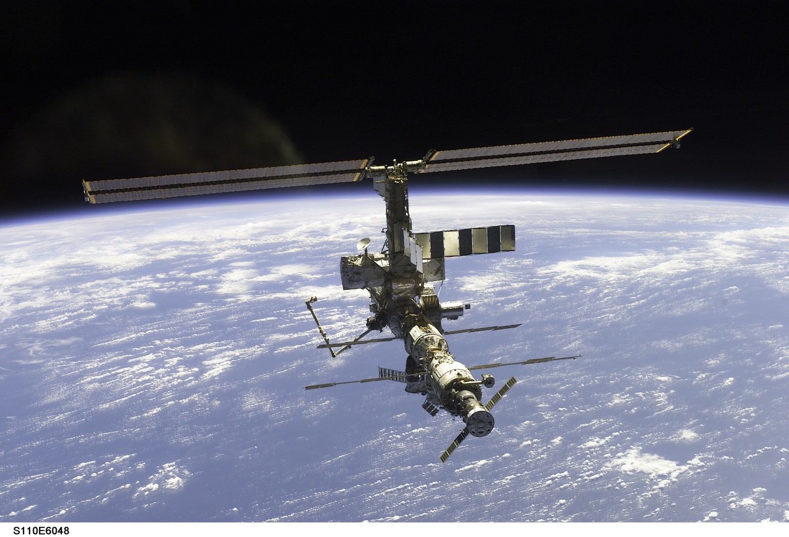 The International Space Station, with its newly installed S0 (Starboard) truss on the Unity module, was pictured from space shuttle Endeavour after it undocked on April 17, 2002.