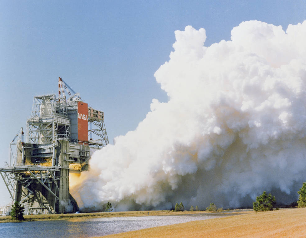 hot fire test of the main propulsion test article (MPTA) on the B-2 Test Stand at NASA’s Stennis Space Center, then known as National Space Technology Laboratories