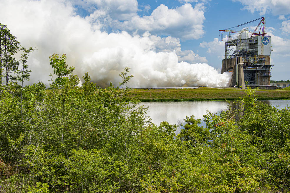 a hot fire of the RS-25 certification engine May 23, 2023 at Stennis Space Center