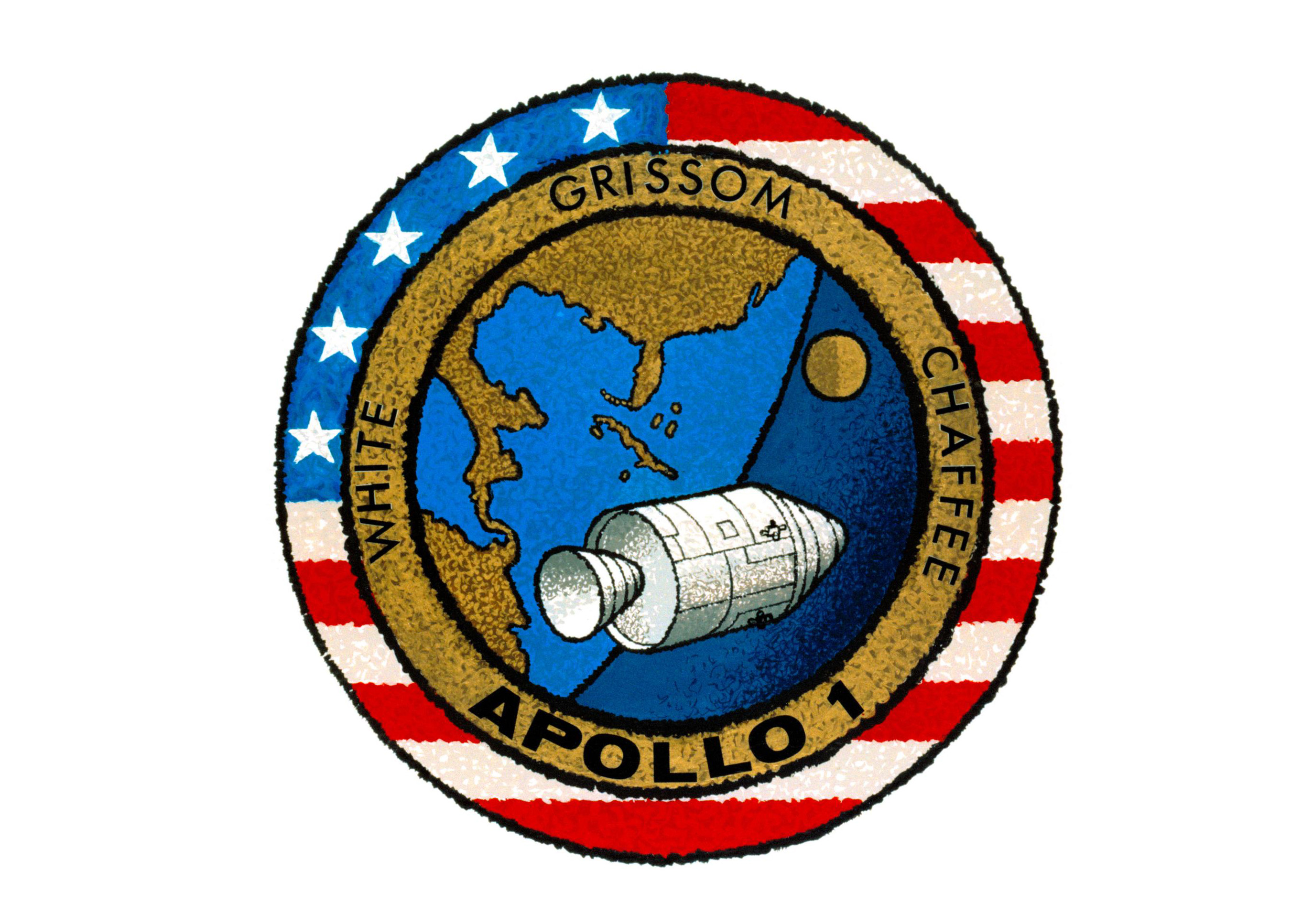This is the insignia for the National Aeronautics and Space Administration's (NASA) Apollo 1 mission, the first manned Apollo flight. Crew members are astronauts Virgil I. Grissom, Edward H. White II and Roger B. Chaffee. The NASA insignia design for Apollo flights is reserved for use by the astronauts and for other official use as the NASA Administrator may authorize. Public availability has been approved only in the form of illustrations by the various news media. When and if there is any change in this policy, which we do not anticipate, it will be publicly announced. EDITOR'S NOTE: The three astronauts lost their lives in a fire during a simulation on the launch pad on Jan. 27, 1967.
