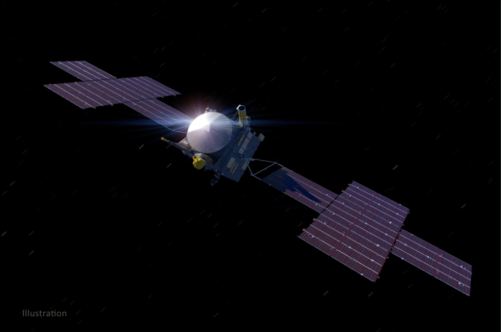 This illustration depicts NASAs Psyche spacecraft. Set to launch in 2023, the Psyche mission will explore a metal-rich asteroid of the same name that lies in the main asteroid belt between Mars and Jupiter.