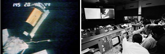 Left: View of the Skylab 1 space station, televised by the Skylab 2 crew during their initial flyaround inspection, showing the missing micrometeoroid shield and the one jammed solar array wing. Right: View in Mission Control at NASA’s Johnson Space Center in Houston during the flyaround inspection