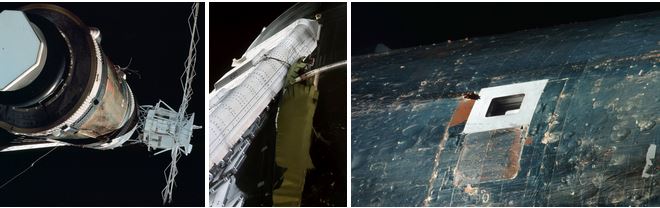 Left: Photograph of the damaged Skylab 1 space station, taken by the Skylab 2 crew during the flyaround inspection, with loose wiring showing the location of the missing solar array wing, at top, the missing micrometeoroid shield, and the jammed solar array wing, at bottom. Middle: Closeup view of the debris from the torn micrometeoroid shield that pinned the one remaining solar array wing. Right: External view of the Sun-facing scientific airlock that the Skylab 2 crew used to deploy the parasol sunshade.