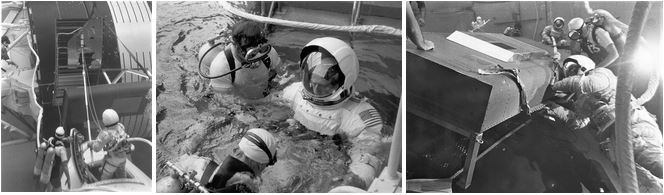 Left: Skylab 2 astronaut Paul J. Weitz training for a procedure to free Skylab’s jammed solar array wing during a standup spacewalk in the Neutral Buoyancy Simulator (NBS) at NASA’s Marshall Space Flight Center in Huntsville, Alabama. Middle: Skylab 2 astronaut Charles “Pete” Conrad prepares to dive for spacewalk training in the NBS. Right: In the NBS, backup Skylab 2 commander Russell L. Schweickart practices cutting through a metal strap jamming Skylab’s remaining solar array wing.