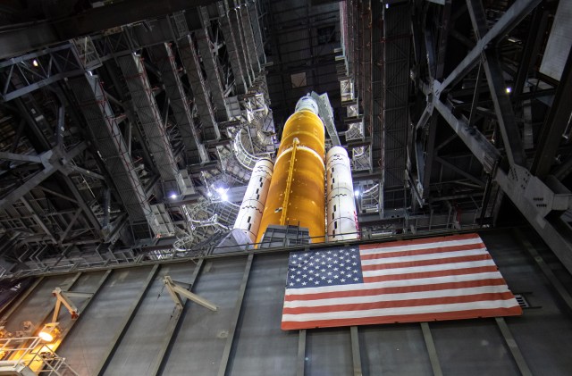 NASA's Space Launch System rocket is seen atop the mobile launcher in this view looking up in High Bay 3 of the Vehicle Assembly Building.
