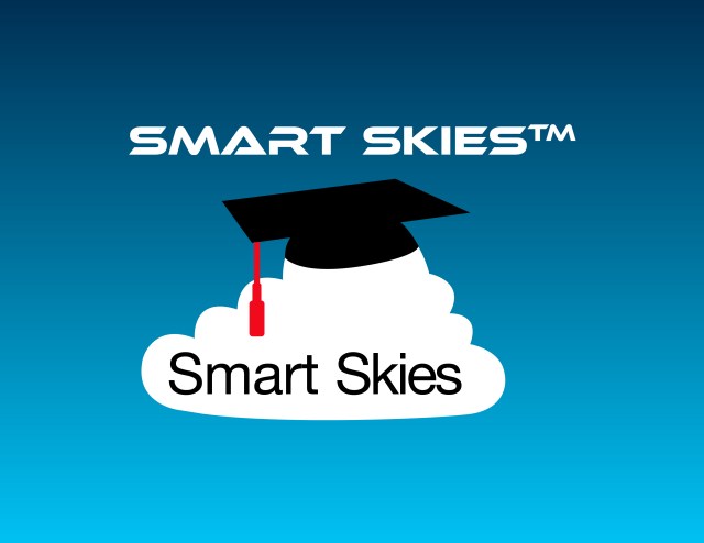 Smart Skies graphic, showing a white cloud with a black graduation cap with a red tassel sitting on top of a white cloud with the words Smart Skies.