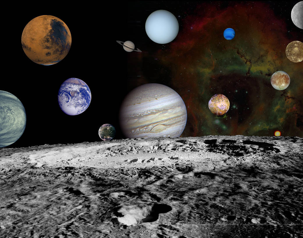 Illustration of all the planets with the moonscape in the foreground.