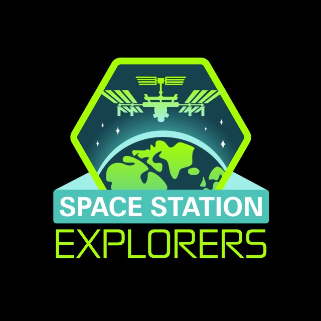 logo graphic for Space Station Explorers in green showing the space station flying over Earth