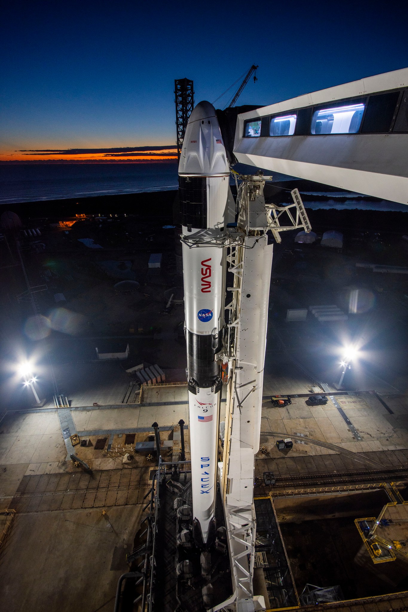 With the beginning stages of a sunrise serving as the backdrop, SpaceX’s Falcon 9 rocket – with the Dragon Endurance spacecraft atop – is vertical at NASA’s Kennedy Space Center Launch Complex 39A in Florida on Oct. 1, 2022.