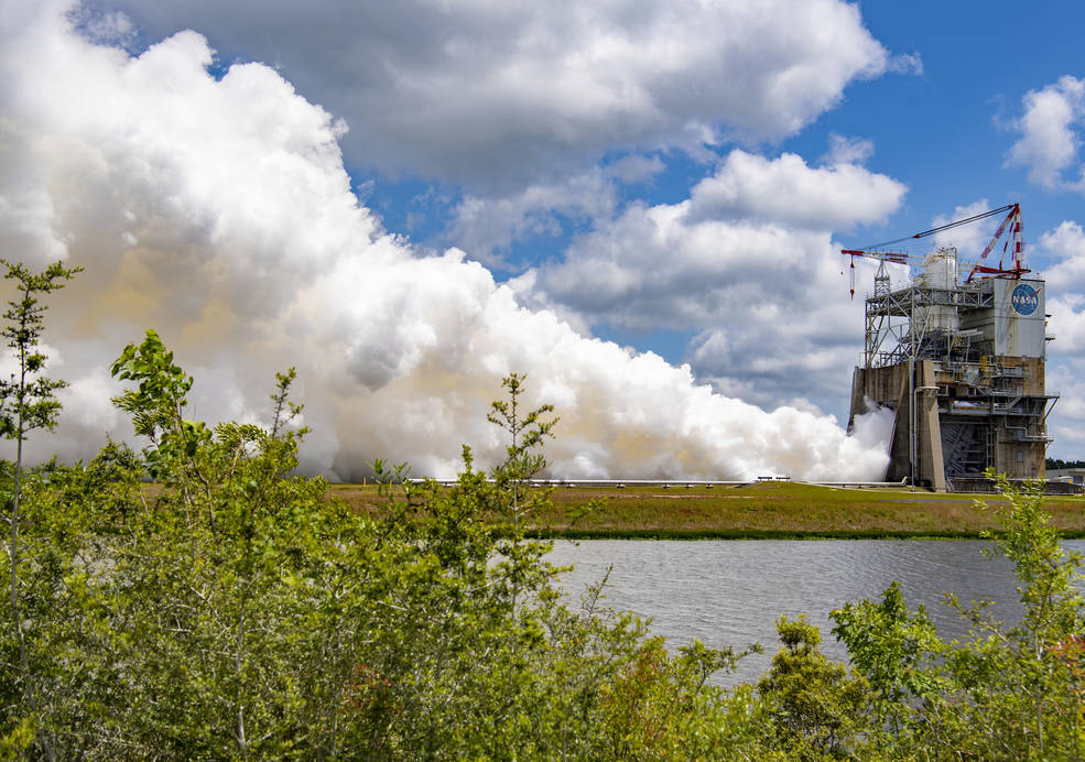 NASA conducts an RS-25 hot fire test on the Fred Haise Test Stand at NASA’s Stennis Space Center in south Mississippi on April 26, 2023.