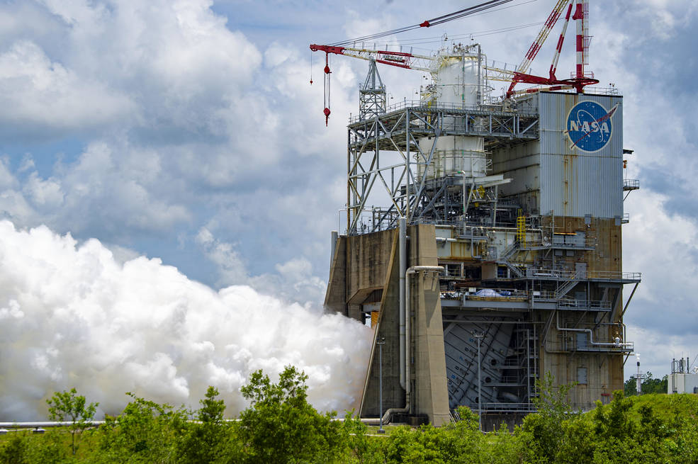 An Aerojet Rocketdyne RS-25 rocket engine is tested on the Fred Haise Test Stand at Stennis on May 10. This was the seventh hot-fire test in a planned 12-test series of the newly redesigned RS-25 engines that will be used beginning with Artemis V.