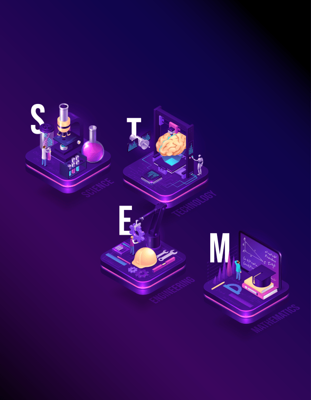 NASA STEM Virtual Toolkit graphic that spell out STEM (S is for Science); (T is for Technology); (E is for Engineering) and (M is for Math). Each letter has various graphics representing each category.