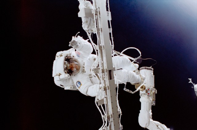 The longest spacewalk was conducted by James Voss and Susan Helms on March 12, 2001, and lasted eight hours and 56 minutes.