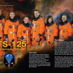 STS-125 crew poster showing the astronauts in orange flight suits with a Hubble image behind them and the mission patch below. Descriptive text about the mission is included.