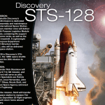 Portion of the Discovery STS-128 mission poster showing a shuttle in early launch with text about the mission to the side