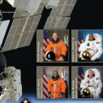 Part of the STS-129 crew poster showing six astronauts and an ISS with an astronaut on an EVA