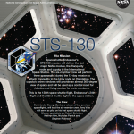 A portion of the STS-130 mission poster showing the cuploa with text about the mission in the center window. There is also the mission patch next to the STS-130 title