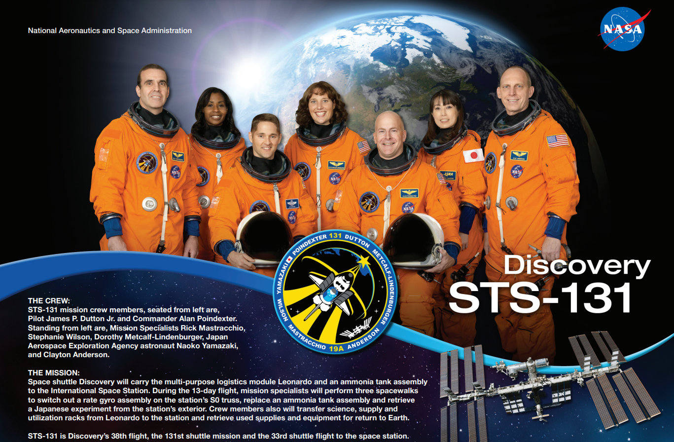 Partial screen capture of the Discovery STS-131 crew poster showing seven astronauts in orange flight suits with Earth in the background and the ISS in the bottom right corner. The mission patch and informational text is also visible.