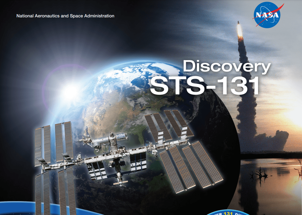 Portion of the STS-131 Discovery mission poster showing the ISS, a shuttle launching, and the Earth
