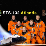 STS-132 Crew Poster showing six astronauts in orange flight suits along with the shuttle and the ISS, plus the mission patch