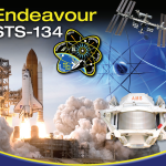 Screenshot of the Endeavour STS-134 mission poster showing the shuttle, the ISS, the mission patch, and the AMS