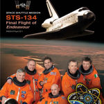 Screen capture of the front cover of the STS-134 press kit showing the six astronauts in orange flight suits and the space shuttle Endeavour along with the mission patch and some text