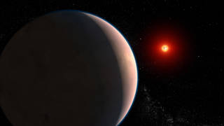 An artist concept of exoplanet GJ486b. The planet is mostly dark, with light illuminating its rightmost edge. Its red dwarf star is much smaller in the background, a glowing red sphere. Stars are sprinkled across the black sky.