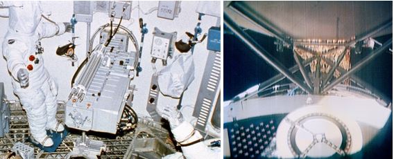 Left: The container for the parasol sunshade shown attached to the Sun-facing scientific airlock in the Skylab workshop. Right: Still from a television downlink of the parasol deployment as seen from the Apollo Command Module.