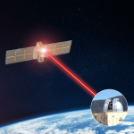 The earth's edge at the bottom, with a satellite in the foreground. A red beam goes from the satellite to a pop-out of a telescope over the Earth.