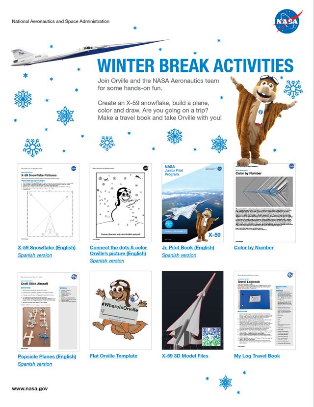 Winter break activities flyer with an X-59 aircraft and Orville the Flying Squirrel. There are blue snowflakes scattered in the background and two rows of images with different winter activities you can do.