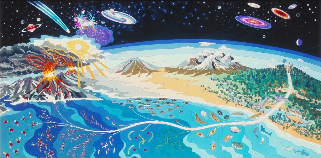 Illustration representing cosmic evolution, showing planets and galaxies in space, volcanic eruptions on Earth, and biological life in the ocean.