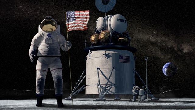 A NASA artist's concept of NASA's Human Lunar Lander System with an astronaut on the Moon holding an American flag.