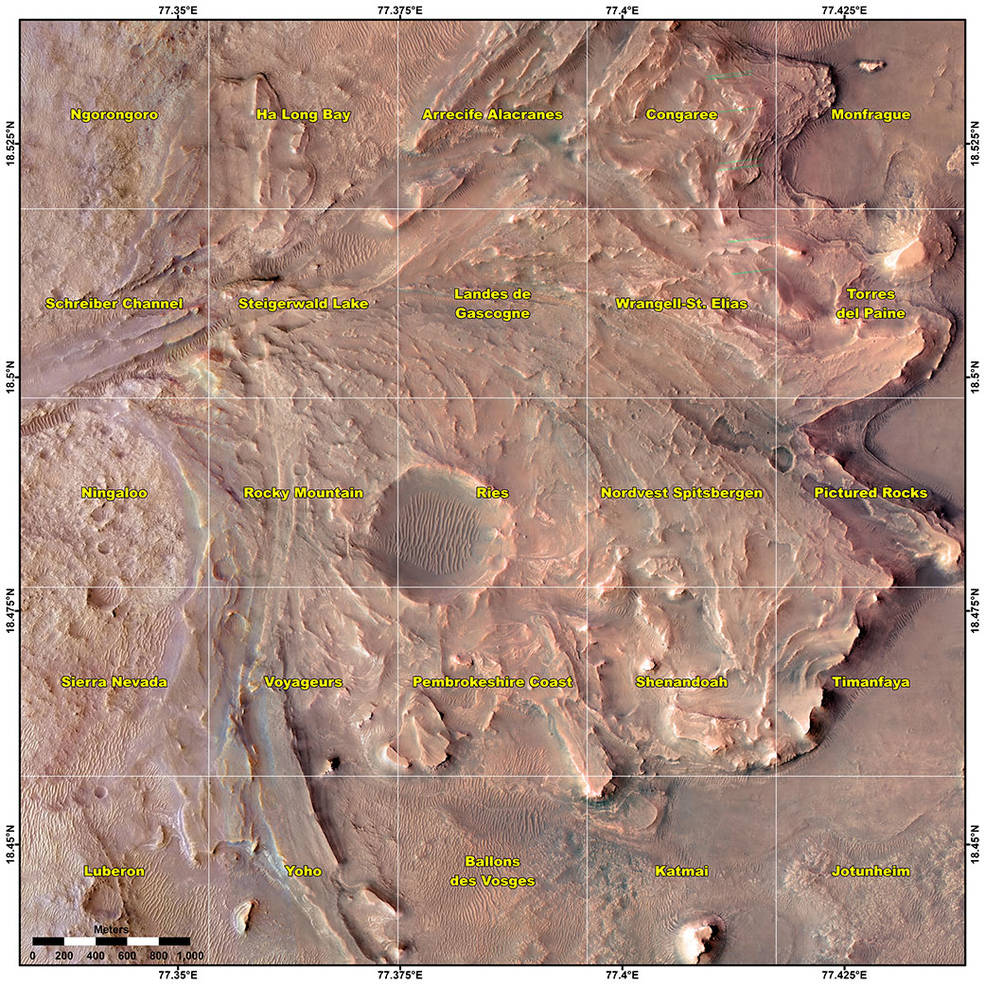 This map shows various quadrant themes in the vicinity of NASAs Perseverance Mars rover