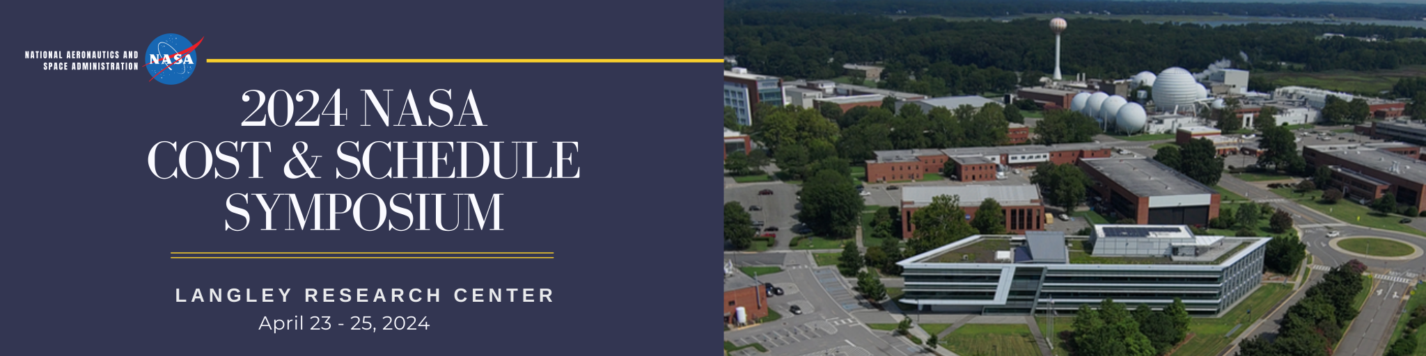 2024 NASA Cost Symposium banner showing an aerial view of Langley Research Center